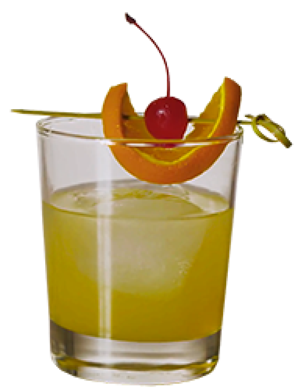 Low ball glass with a Whisky Sour garnished with a cherry and orange slice