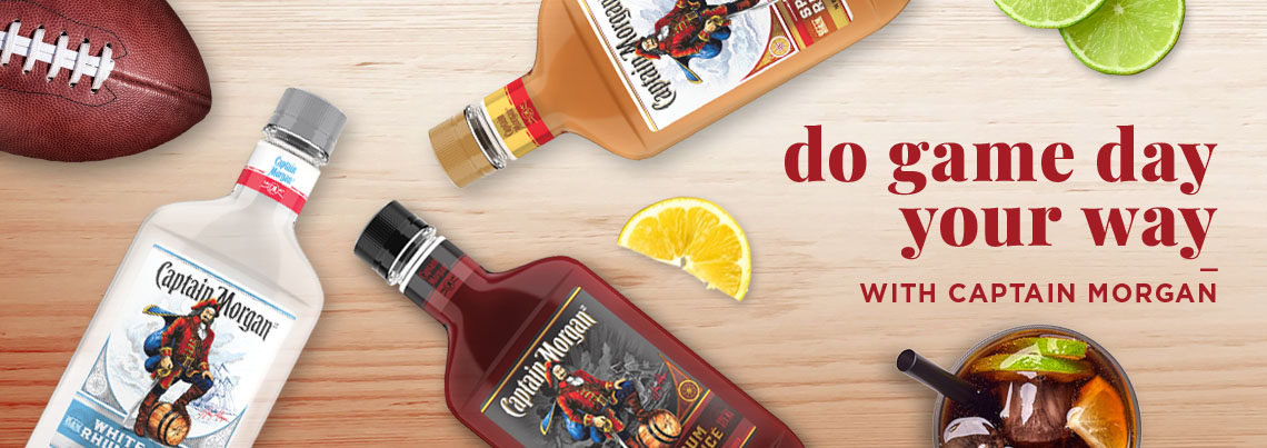 Three bottles of Captian Morgan rums shown with a cocktail and football. Text: Do Game Day Your Way with Captain Morgan