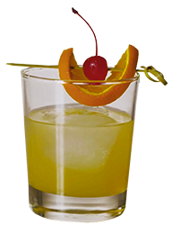 Low ball glass with a Whisky Sour garnished with a cherry and orange slice